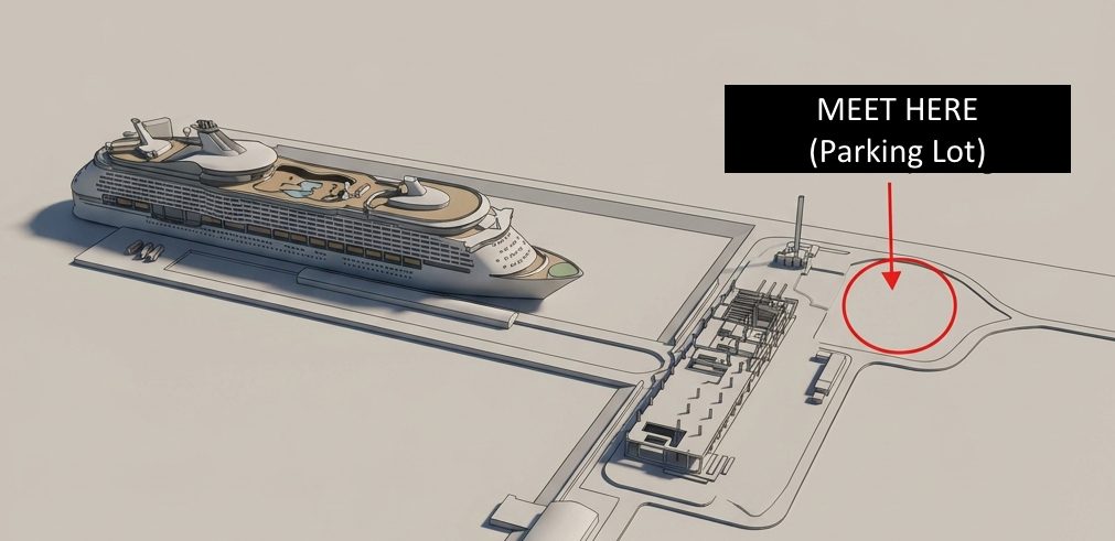 Illustrated rendering of the Ravenna cruise port showing the parking lot meeting point near the pier